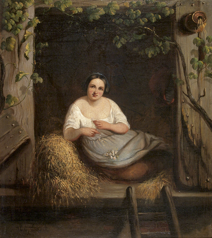 François Verheyden. Figura femenina sentada en ventana de un pajar. Siglo XIX